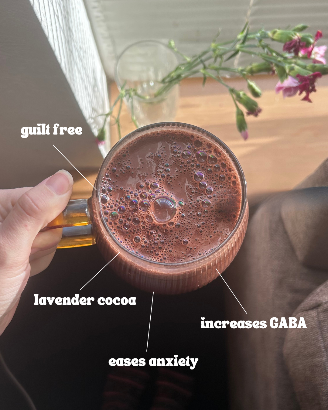 calming lavender cocoa brewed in a mug with benefits for stress