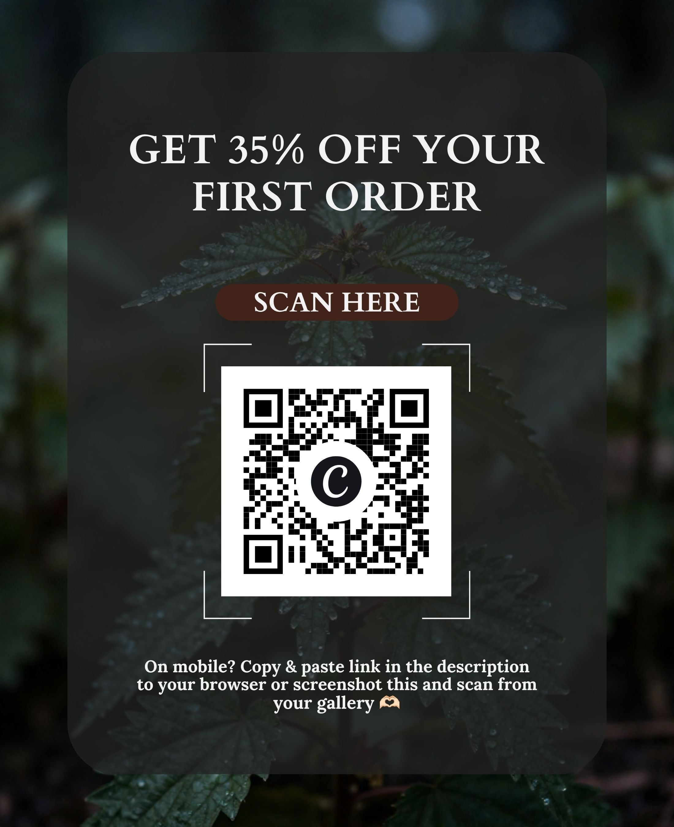 A promotional digital graphic for curated gift boxes with a dark rounded rectangle over a blurred green background. White text reads 'GET 35% OFF YOUR FIRST ORDER' above a brown 'SCAN HERE' banner and a large QR code.