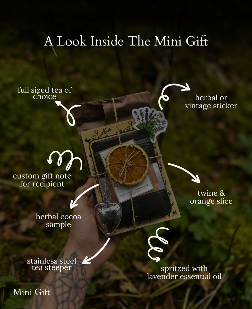 A hand holds a small wrapped gift box in an outdoor forest setting. White text callouts point to details on the box, including a full-sized tea slice, herbal or vintage sticker, twine, stainless steel tea steeper, lavender essential oil, and a custom gift note.