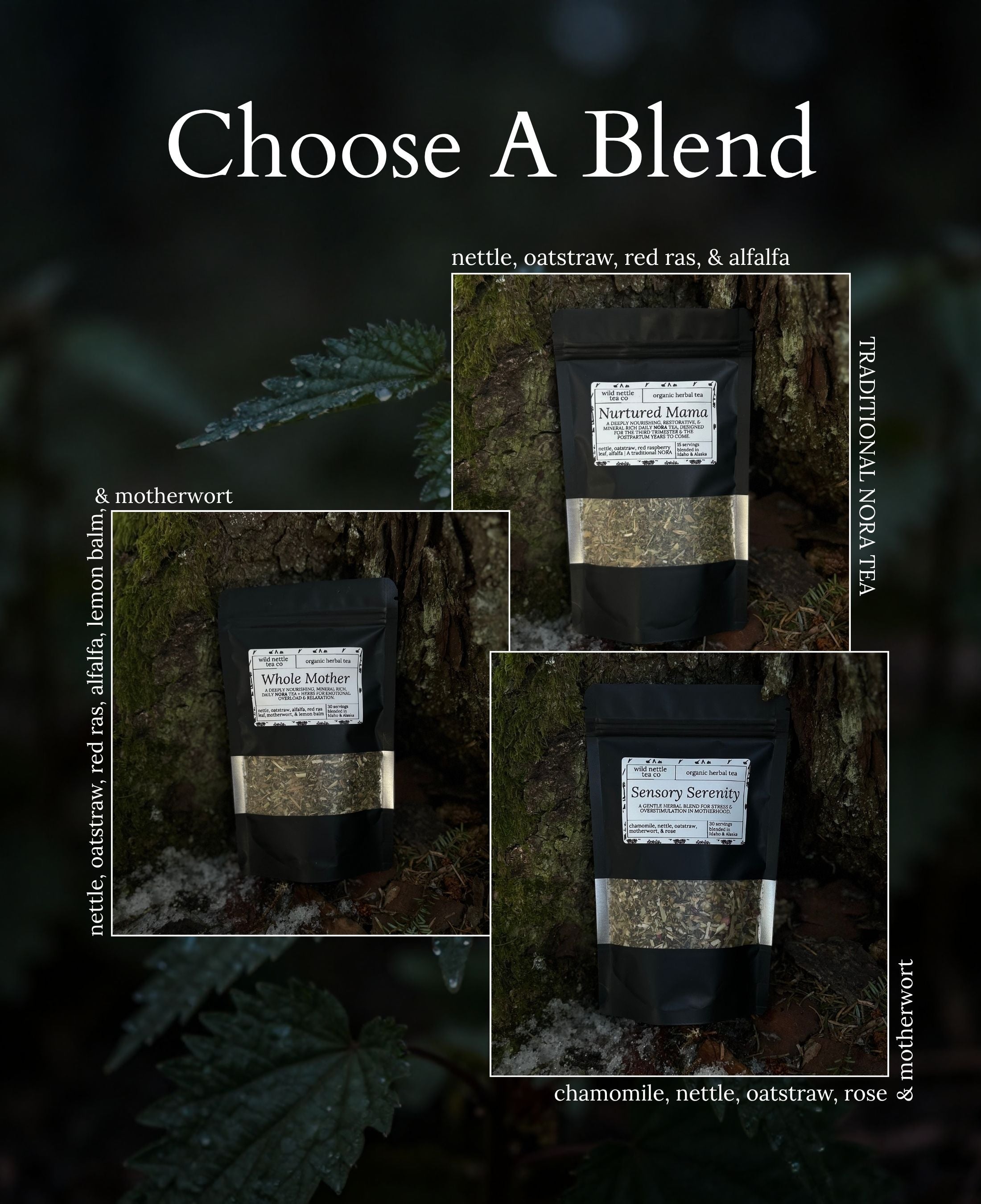 A dark promotional graphic with the title 'Choose A Blend' over three product pouches of herbal tea arranged on a forest floor background. The text lists tea blends by ingredients, including nettle, oatstraw, red raspberry leaf, alfalfa, & motherwort, traditional NORA tea, chamomile nettle oatstraw rose, and chamomile nettle oatstraw lemon balm.