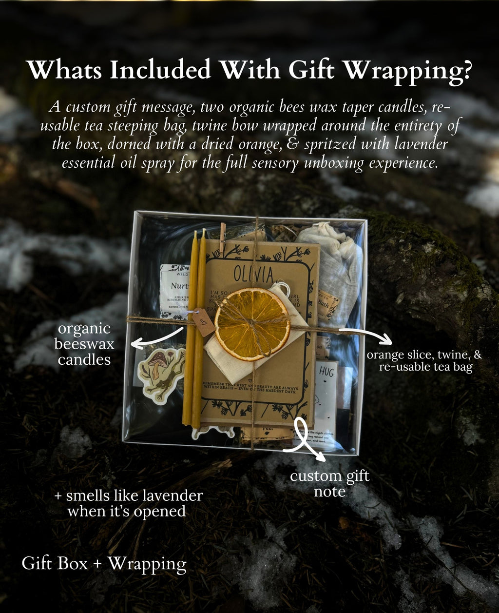 An informational product graphic showing a gift-wrapped box with handwritten notes, beeswax candles, tea bag packaging, and a dried orange slice, overlaid with the text 'Whats Included With Gift Wrapping?' and callout arrows labeling components.