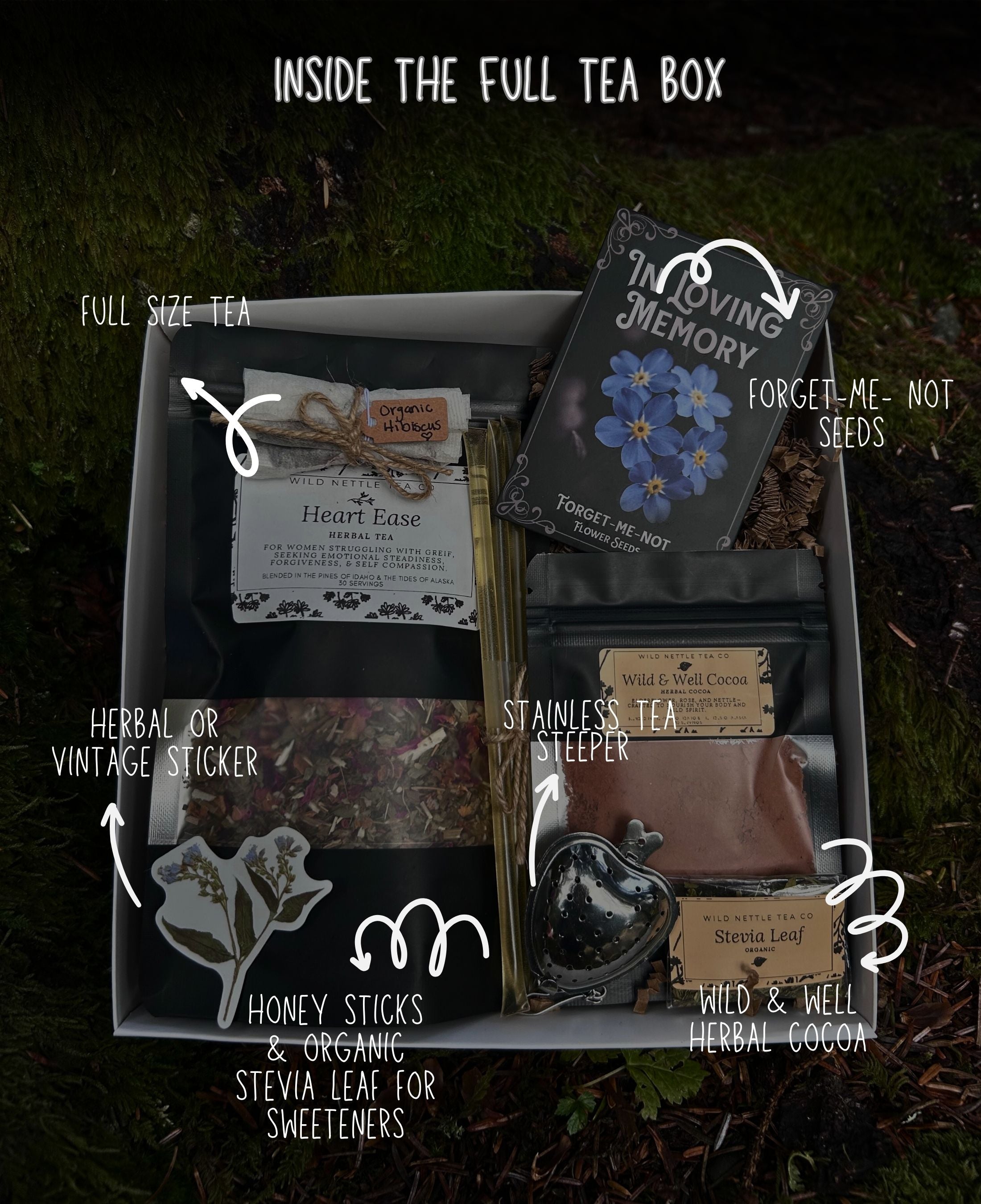 A curated sympathy gift tea gift basket labeled 'INSIDE THE FULL TEA BOX' shown from above on a dark mossy surface. The box contains multiple tea-related items and accessories: a full-size tea packet, a vintage-style tea sticker, a stainless steel tea steeping pot, wild & well herbal cocoa, forget-me-not seeds, and honey sticks & organic stevia leaf for sweeteners.