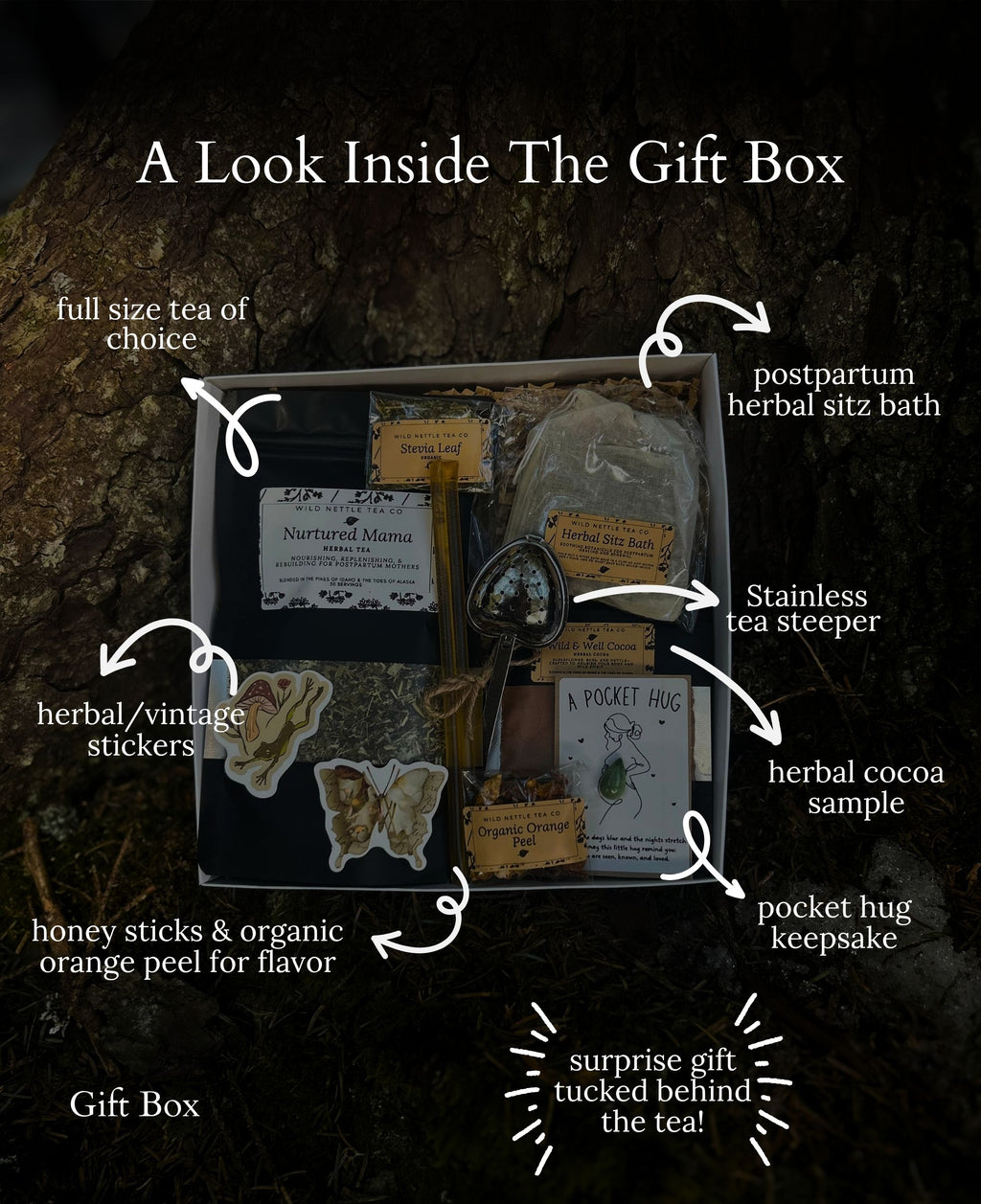 A gift box filled with tea and herbal items, shown on a dark forest background with handwritten callouts naming each contents item, such as postpartum herbal sitz bath, stainless tea steeper, herbal cocoa sample, pocket hug keepsake, and honey sticks & organic orange peel for flavor.