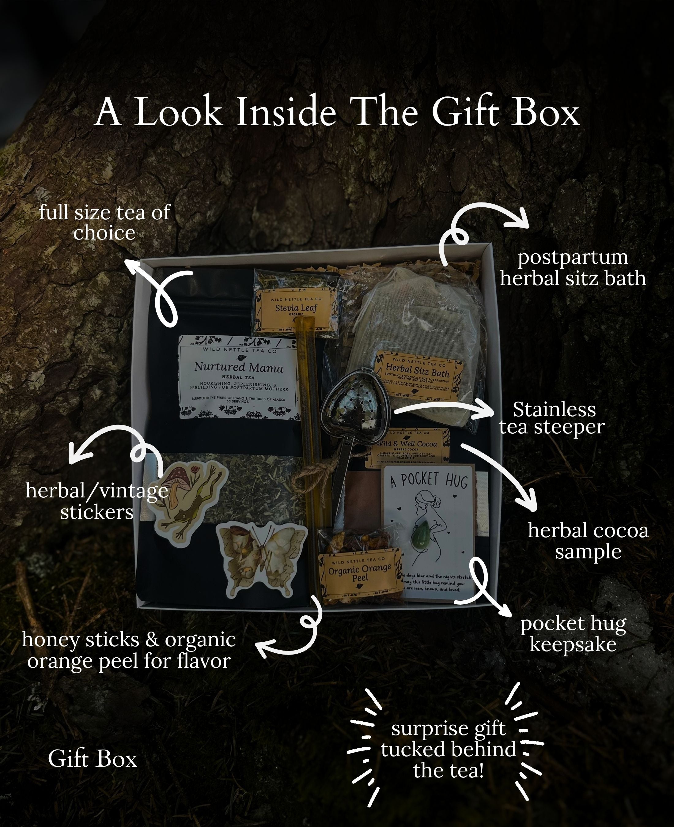 A gift box filled with tea and herbal items, shown on a dark forest background with handwritten callouts naming each contents item, such as postpartum herbal sitz bath, stainless tea steeper, herbal cocoa sample, pocket hug keepsake, and honey sticks & organic orange peel for flavor.