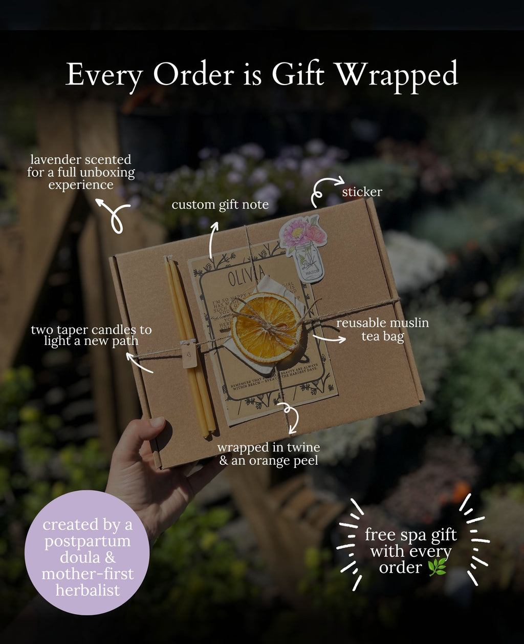 A hand holds a gift-wrapped box in a garden setting, with text callouts describing the wrapping details such as a lavender-scented note, sticker, reusable muslin tea bag, and two taper candles. The top text reads 'Every Order is Gift Wrapped'.