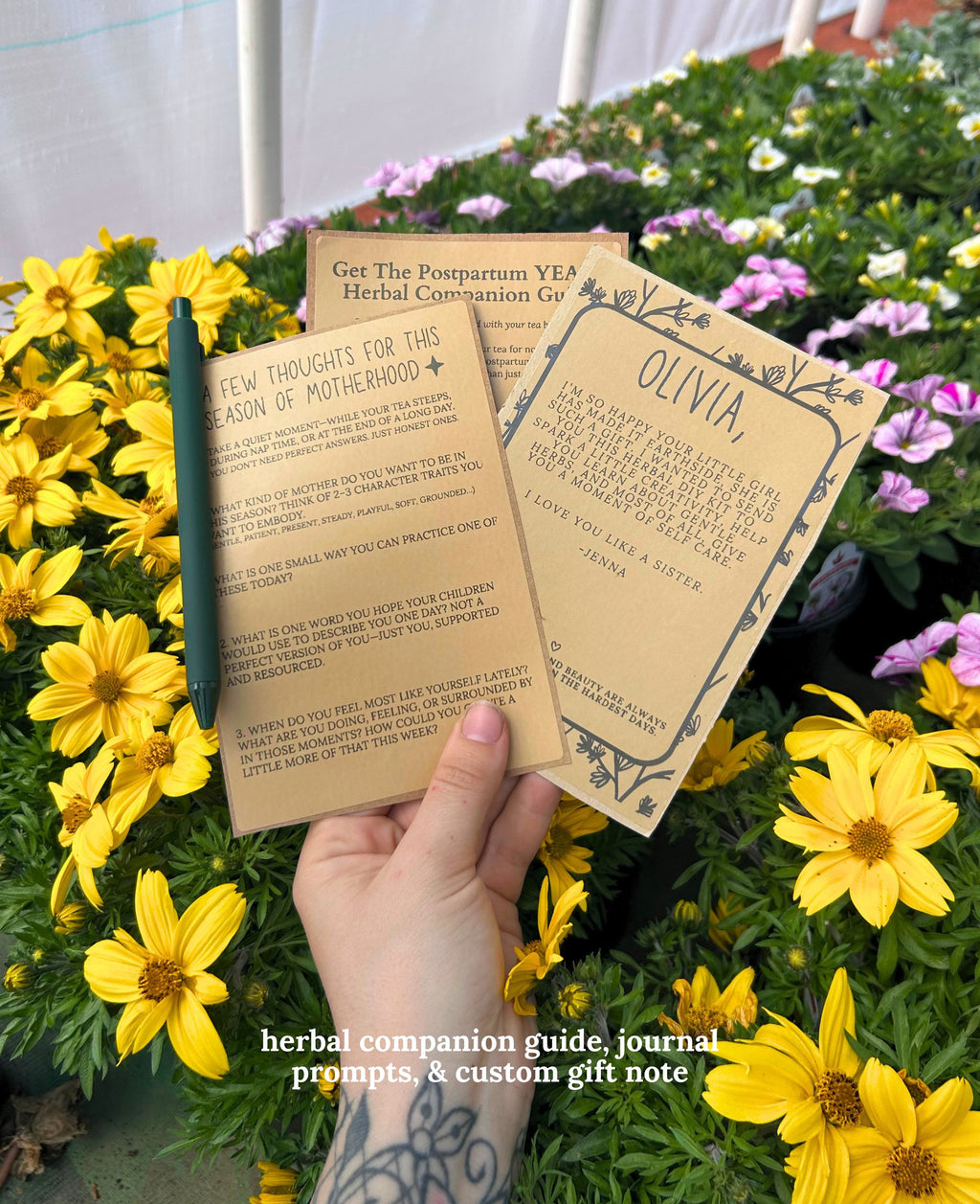 A hand holds three printed herbal companion guide cards among bright yellow flowers. The cards are tan with black text and decorative borders, and one card reads 'Olivia' and is a personalized gift message