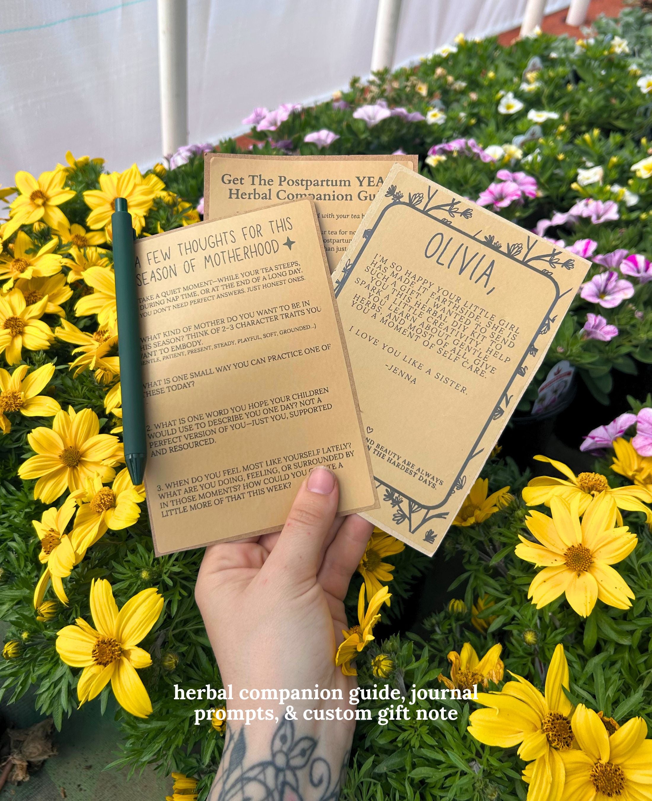 A hand holds three printed herbal companion guide cards among bright yellow flowers. The cards are tan with black text and decorative borders, and one card reads 'Olivia' and is a personalized gift message