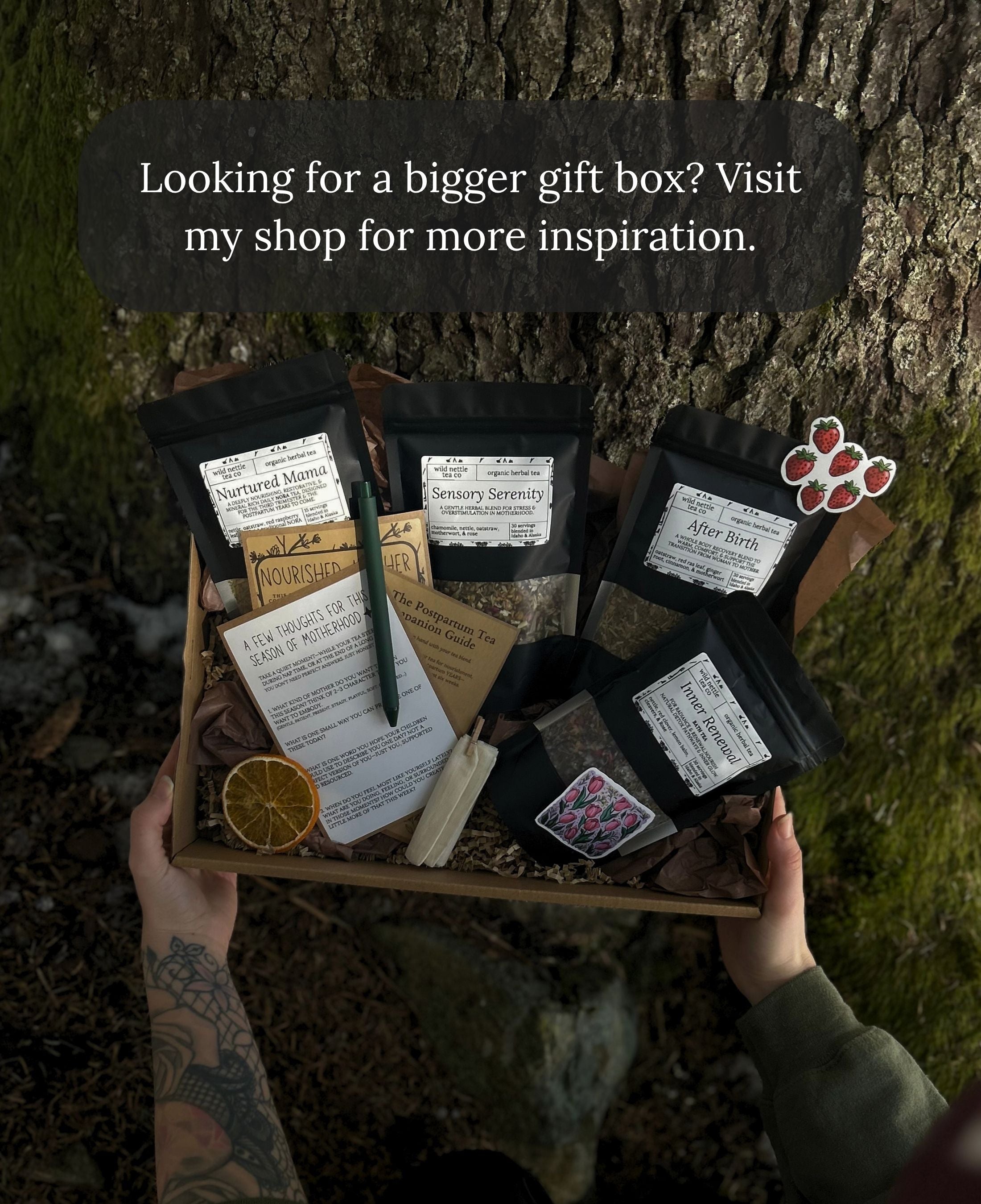 A top-down view of a person holding a gift box for new mom filled with assorted packaged wellness items, including black pouches of loose leaf herbal tea for postpartum, cards, and a dried orange slice, positioned in front of a large tree trunk. A dark text banner at the top reads, 'Looking for a bigger gift box? Visit my shop for more inspiration.