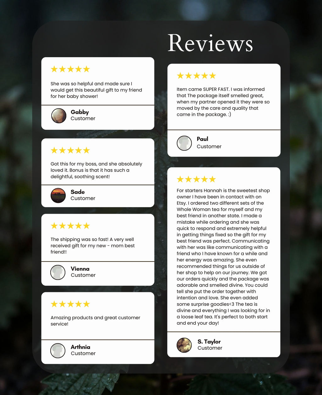 A collage of customer reviews and testimonials displayed on a black background, with white text headers reading 'Reviews' and several customer feedback cards below.