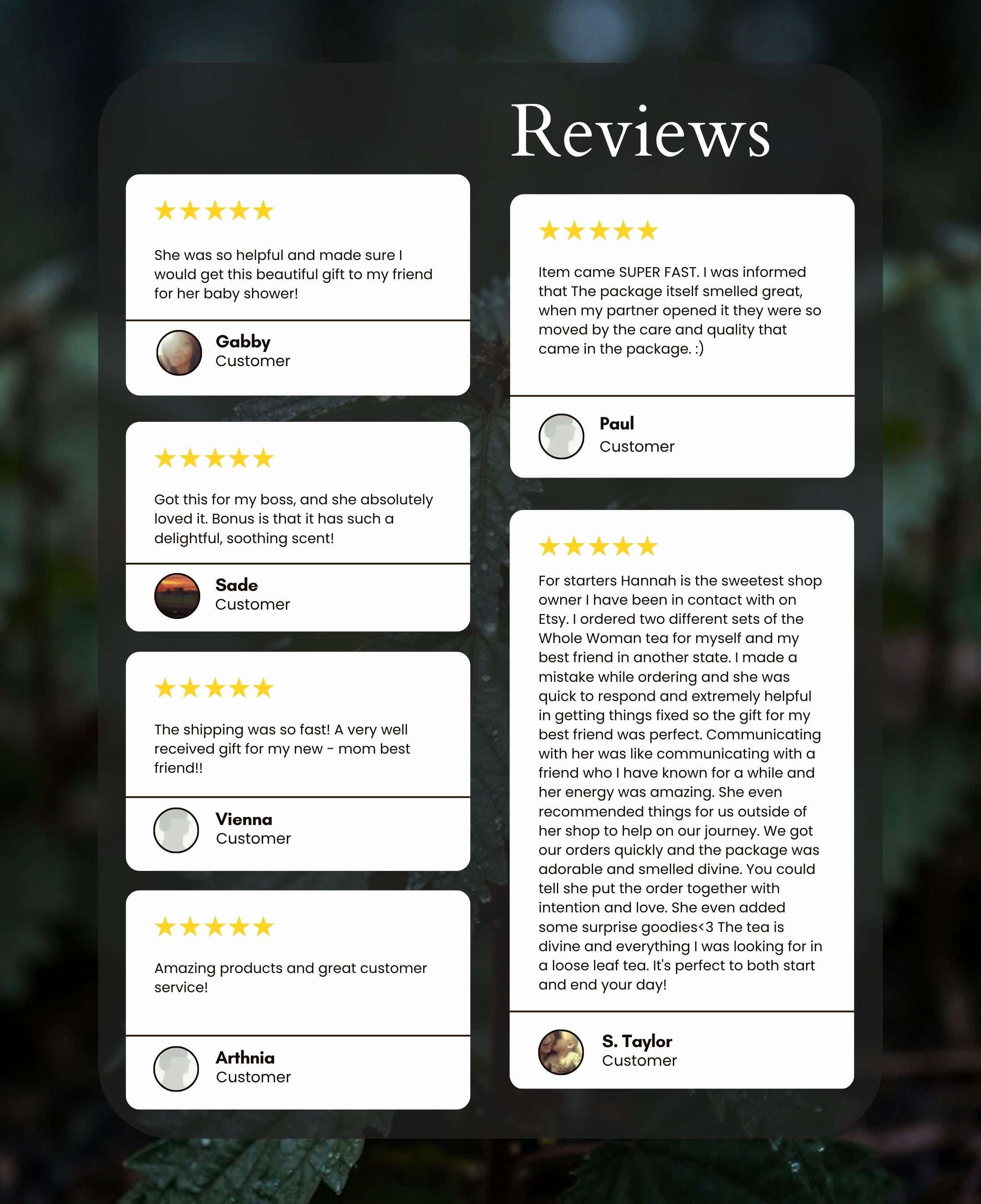 A collage of customer reviews and testimonials displayed on a black background, with white text headers reading 'Reviews' and several customer feedback cards below.
