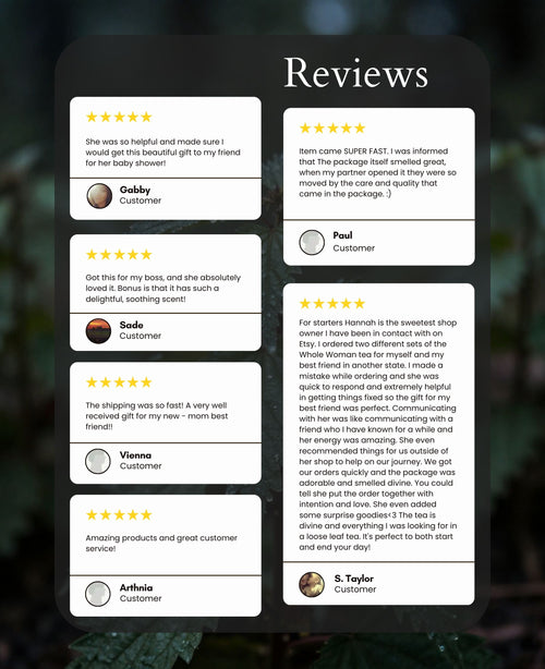 A collage of customer reviews and testimonials displayed on a black background, with white text headers reading 'Reviews' and several customer feedback cards below.